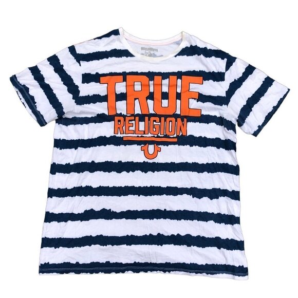 Vintage True Religion Shirt ALL OVER CRUNCH Striped Big Logo XXL White - Picture 1 of 7